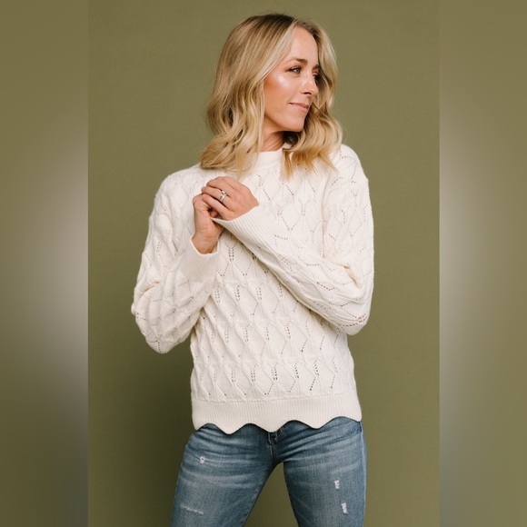 Baltic Born Sweaters - Baltic Born Perle Eyelet Scallop Sweater Cream Size L NWT